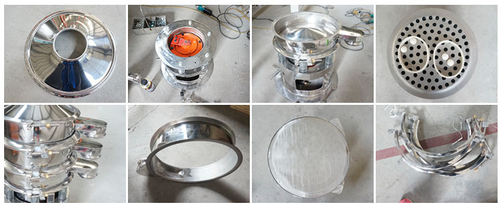 不銹鋼振動篩結構展示:防塵蓋,出料口,閘門,篩網于彈跳球,底座,振動彈簧等。