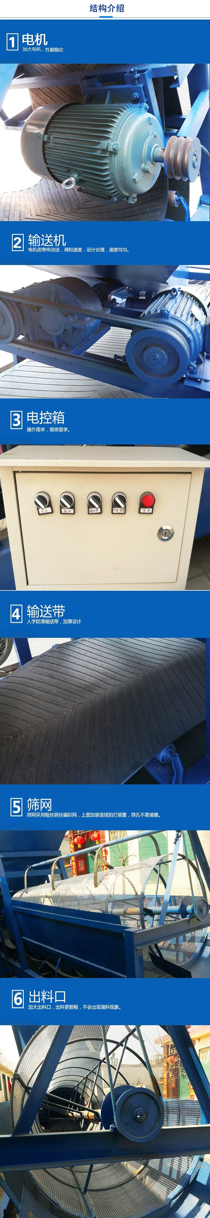 移動篩沙機結構:電機，加大電機，性能相對比較穩定。輸送機：電機皮帶傳動送，調和速度，設計合理，速度均勻。電控箱：操作簡單，簡便易學。輸送帶：人字防滑輸送帶，加厚設計。篩網，采用粗絲鋼絲編織而成的篩網，上面加裝連續拍打裝置，篩孔不易堵塞。出料口：加大出料口，出料更順暢，不會出現堵料現象。