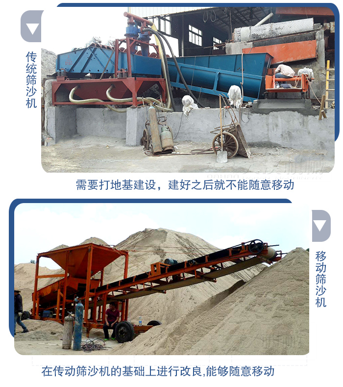 移動的篩沙機在安裝前需要打地基，而固定完畢后就不能隨意的移動，而移動篩沙機不需要打地并且隨時能夠進行移動。