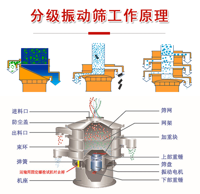 分級振動篩內部結構：進料口，防塵蓋，出料口，束環，彈簧，機座，篩網，網架，上部重錘，振動電機，下部重錘。